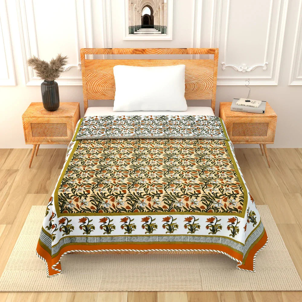 All Season Jaipuri Blanket | 100% Cotton | Block Print | Single Bed – Yellow Floral Buta (63X90 Inches)