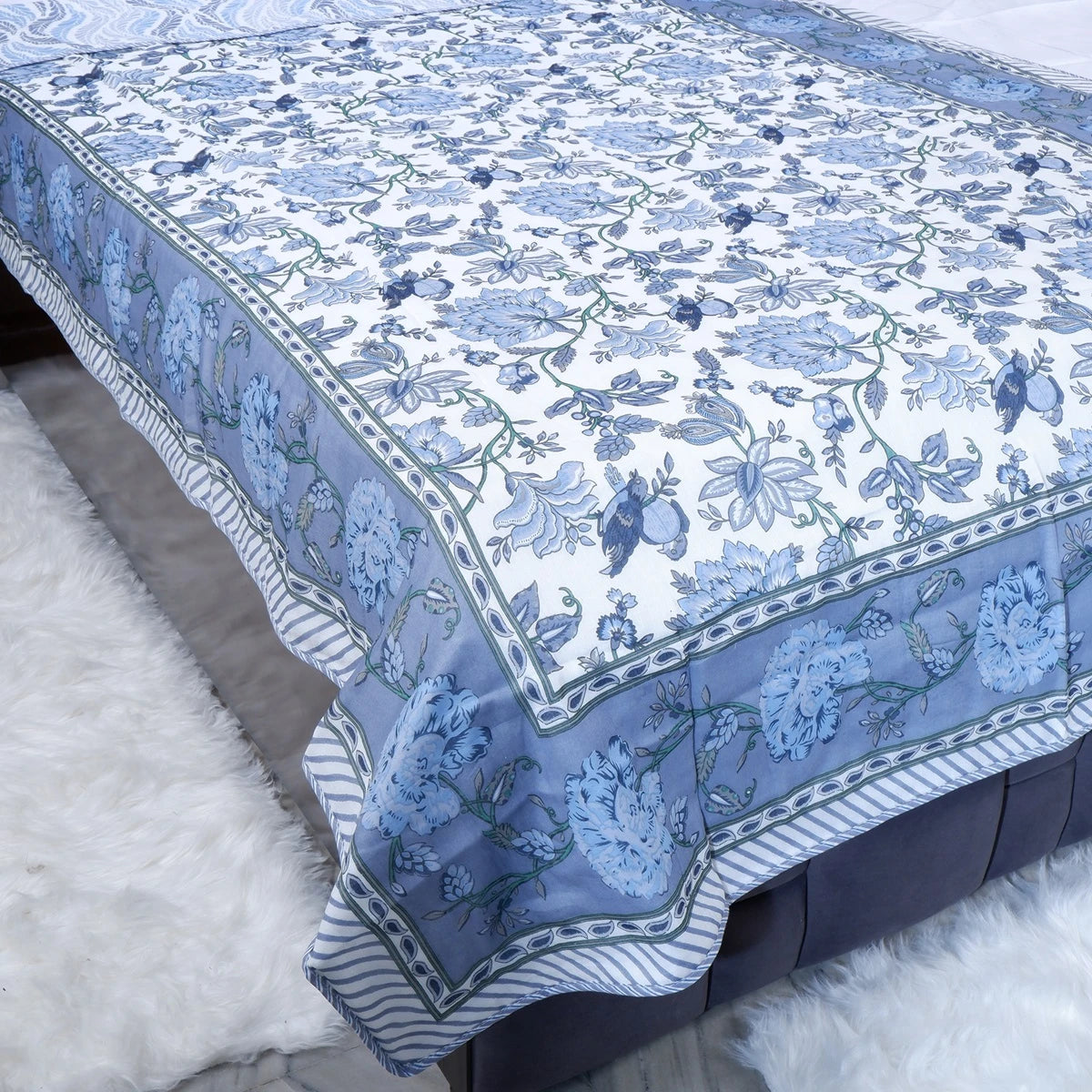 Beautiful hand block print mulmul cotton dohar in blue floral design, perfect for cozying up in style