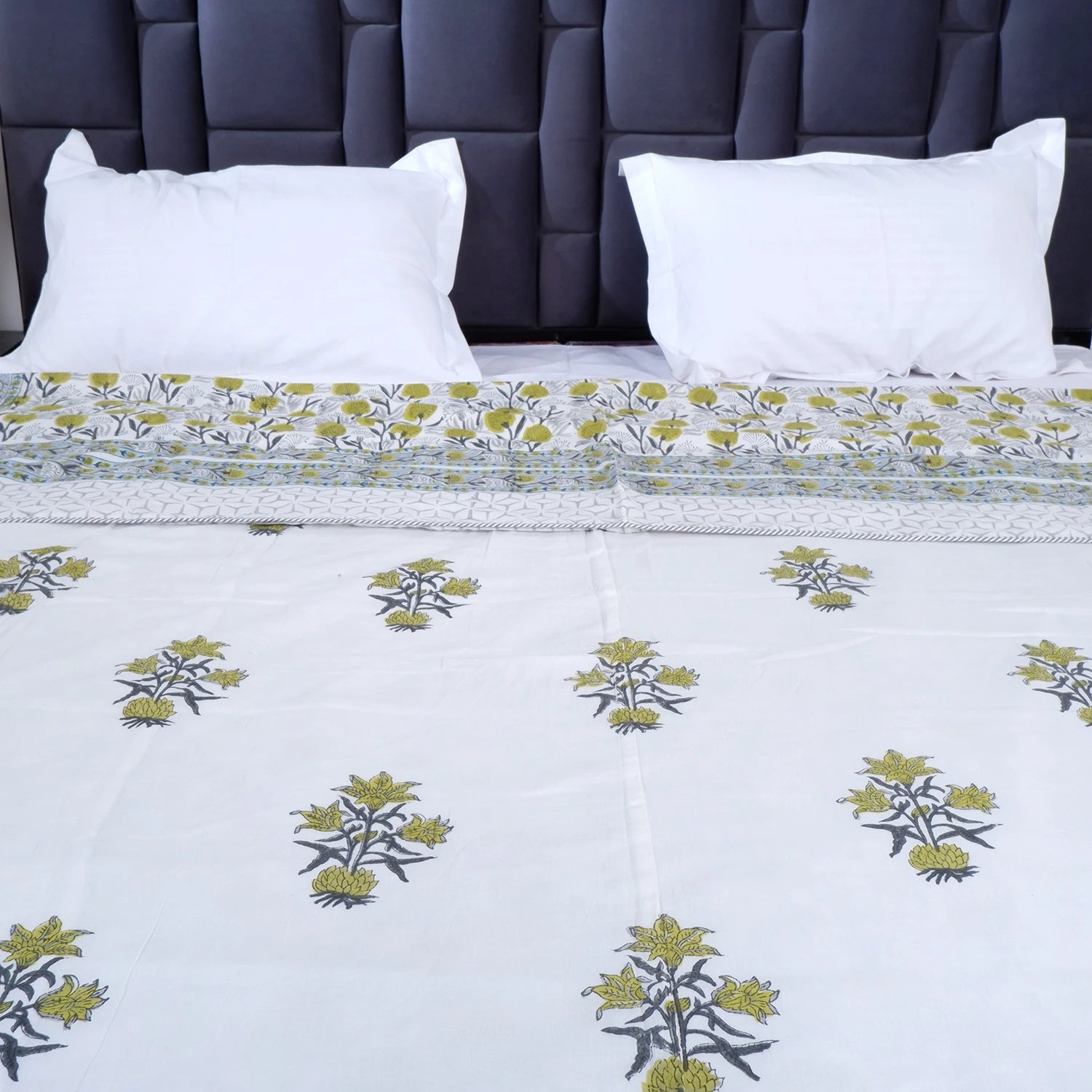 Hand block print mulmul dohar in white with floral patterns, ideal for comfort and style