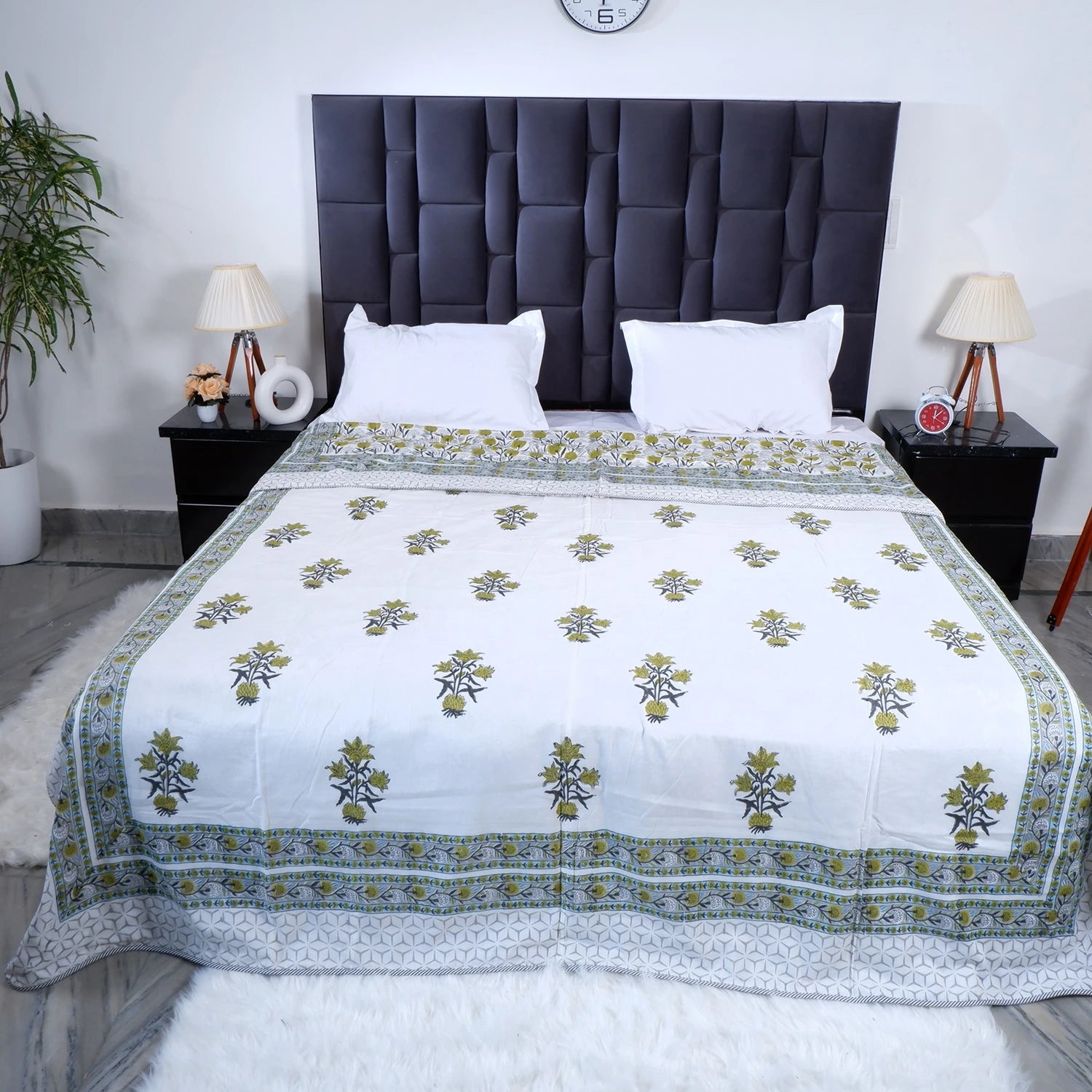 Hand block print mulmul dohar in white with floral design, perfect for cozy bedding and decor
