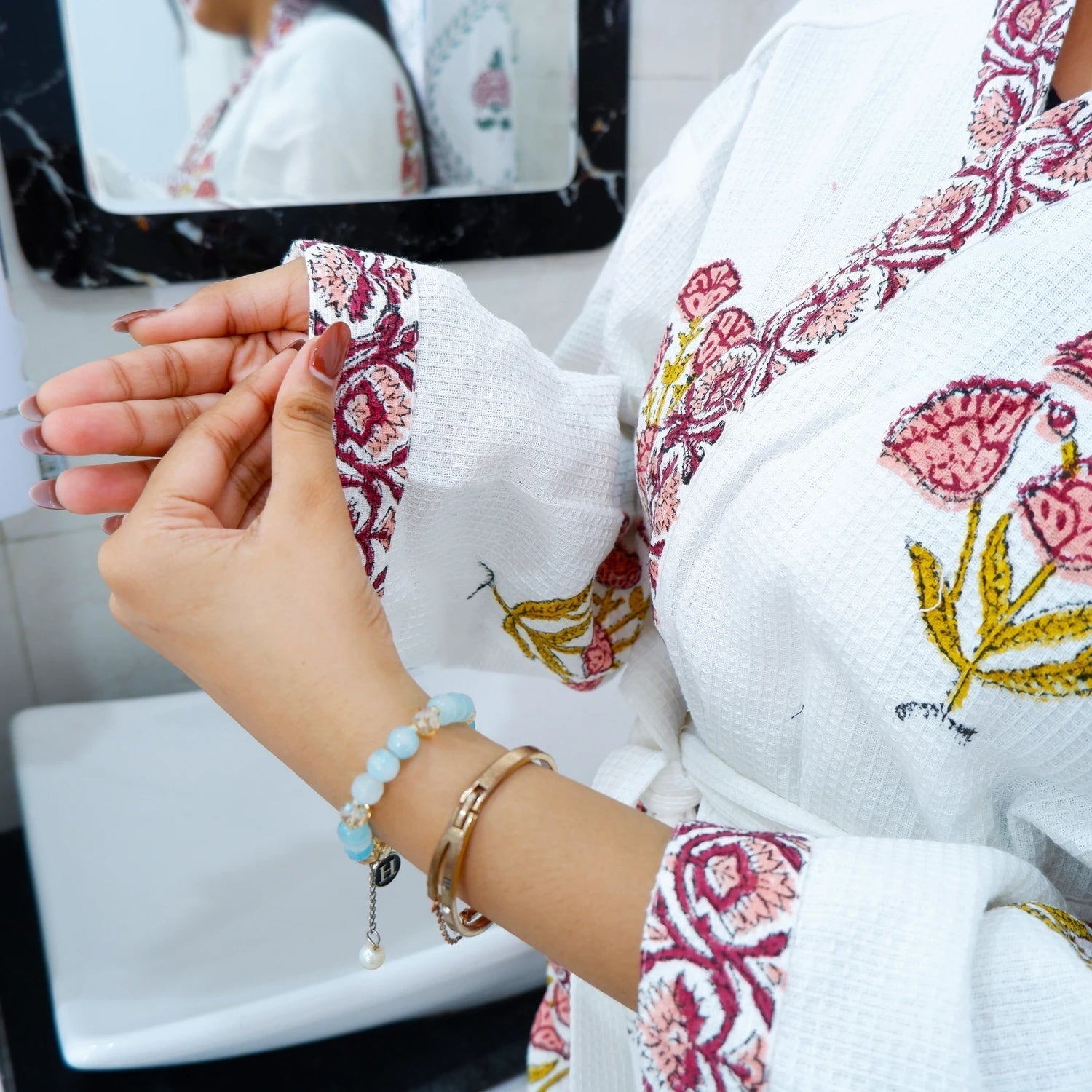 Elegant hand block printed cotton bathrobe featuring intricate floral designs and comfortable fit