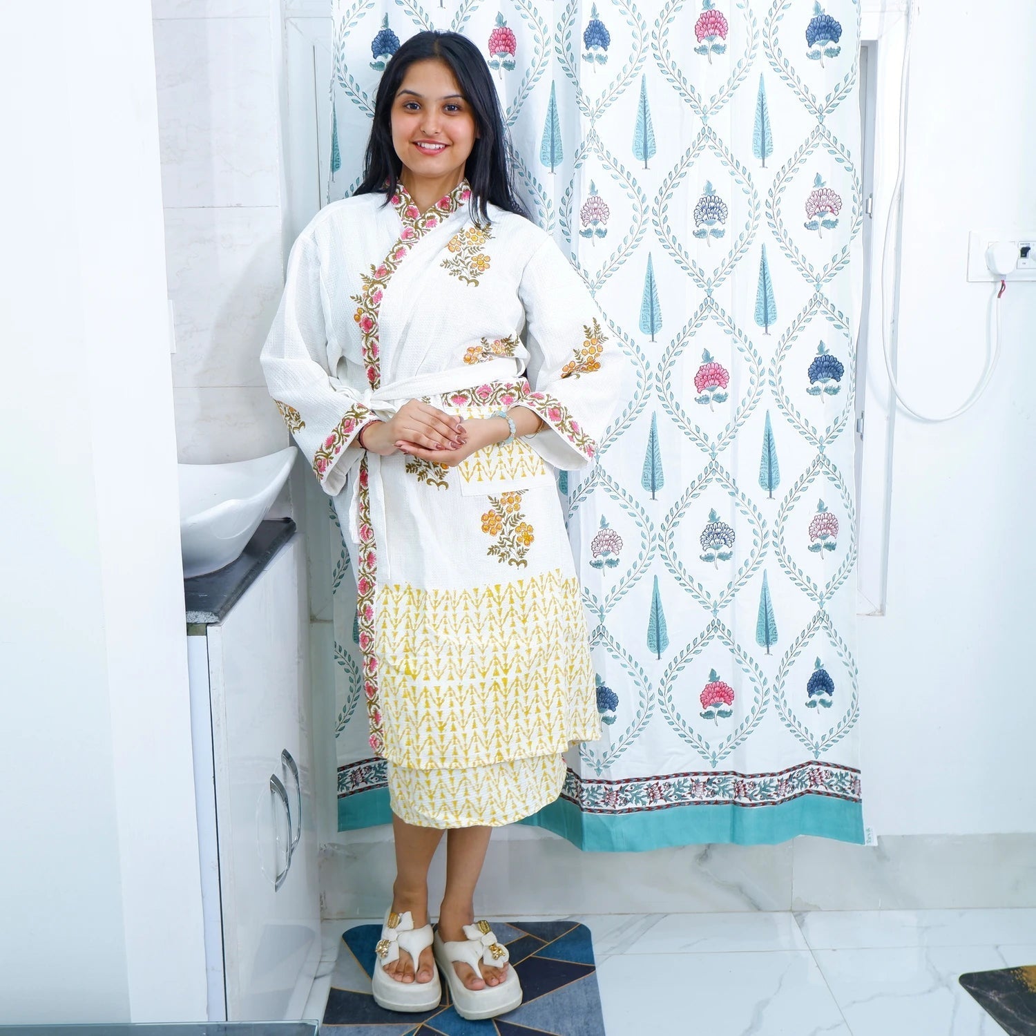 Stylish hand block printed cotton bathrobe with floral designs, perfect for comfort and elegance