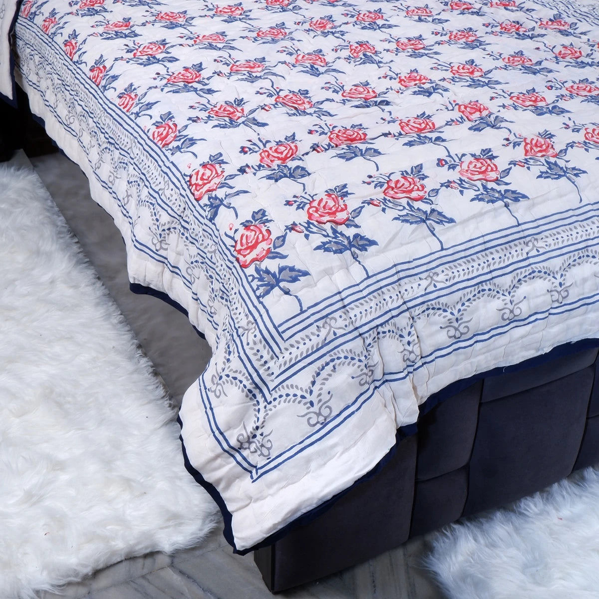 Handcrafted Jaipuri bedding online featuring floral designs in vibrant colors for stylish bedroom decor
