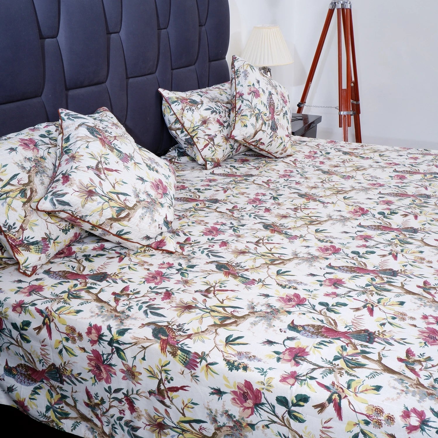Jaipur cotton bed sheet with floral design and matching cushions for stylish bedroom decor