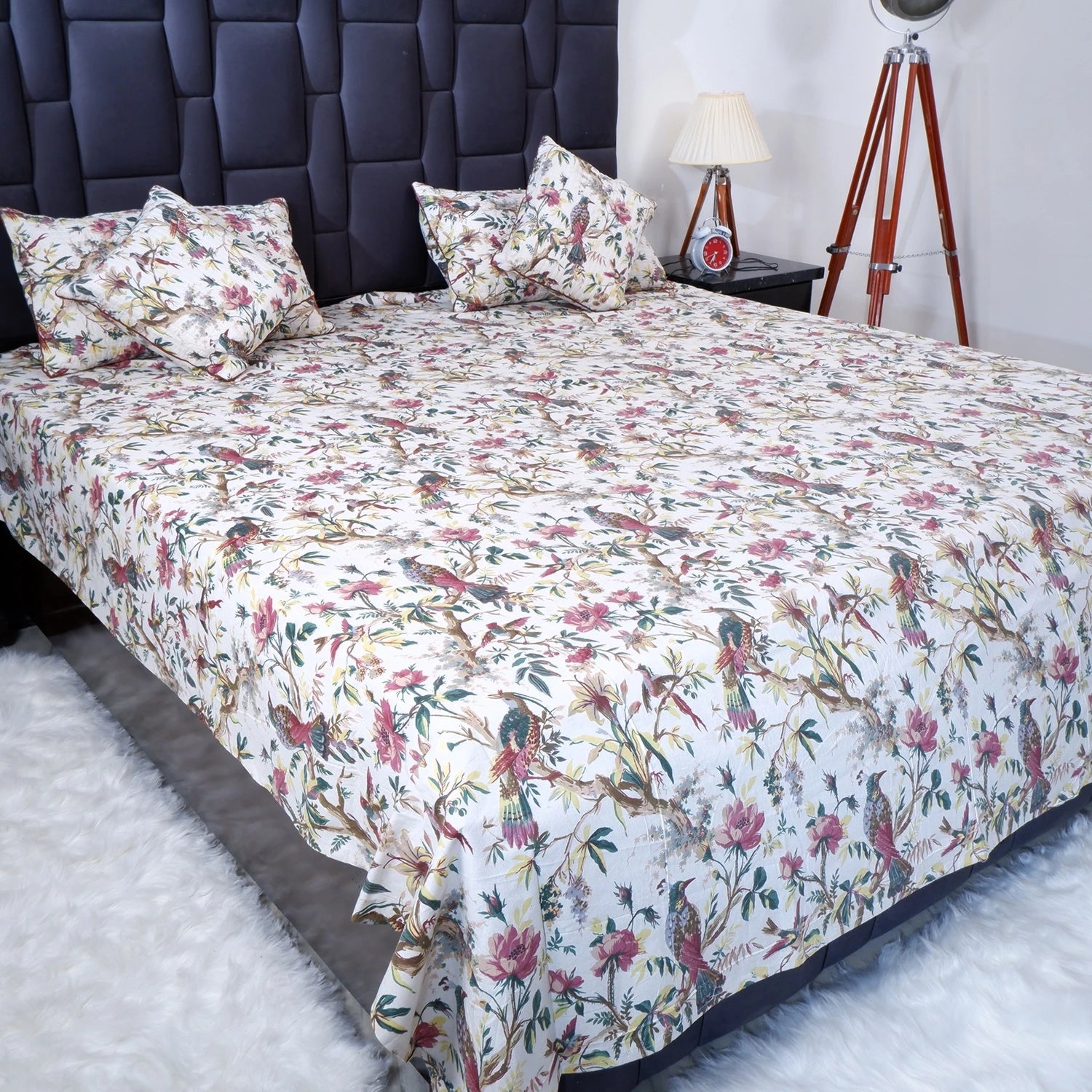 Jaipur cotton bed sheet with vibrant floral patterns and matching pillow covers for a stylish bedroom look