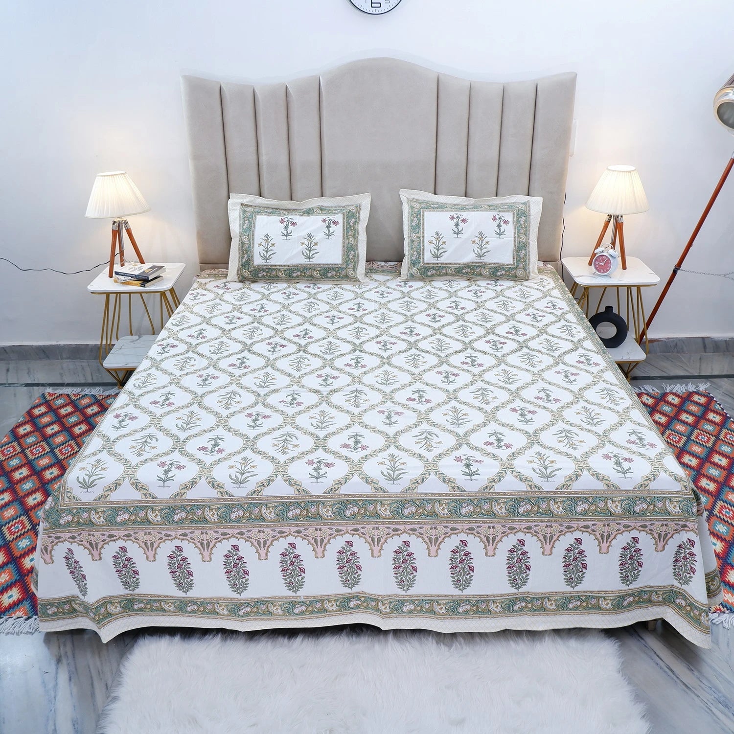 Jaipuri cotton bed sheet with floral design and matching pillow covers for elegant bedroom decor