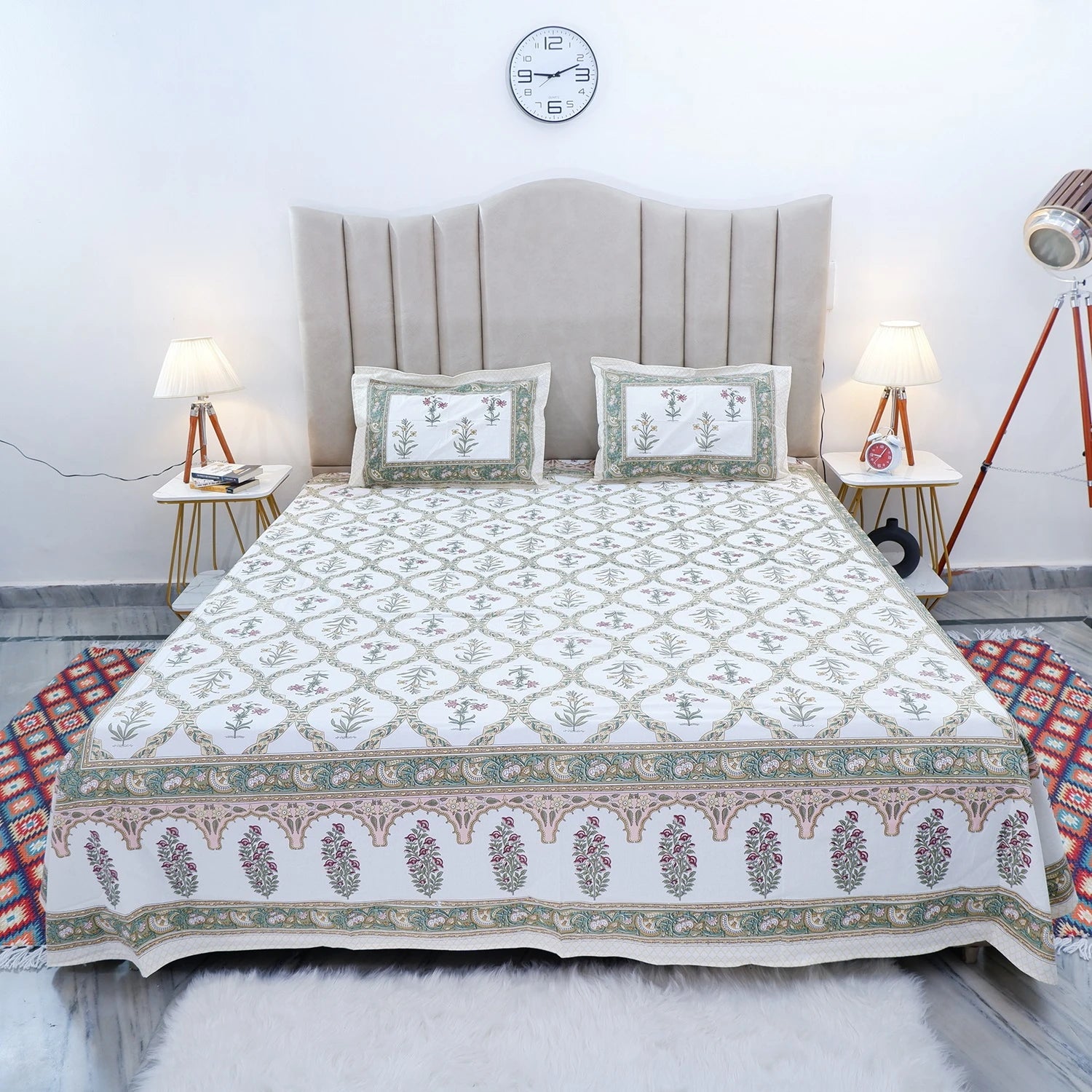 Elegant Jaipuri cotton bed sheet in white and green floral design with matching pillow covers