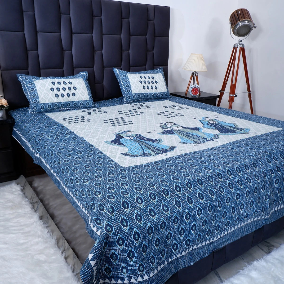 Jaipuri cotton bed sheet in blue with intricate patterns and matching pillow covers for stylish bedding