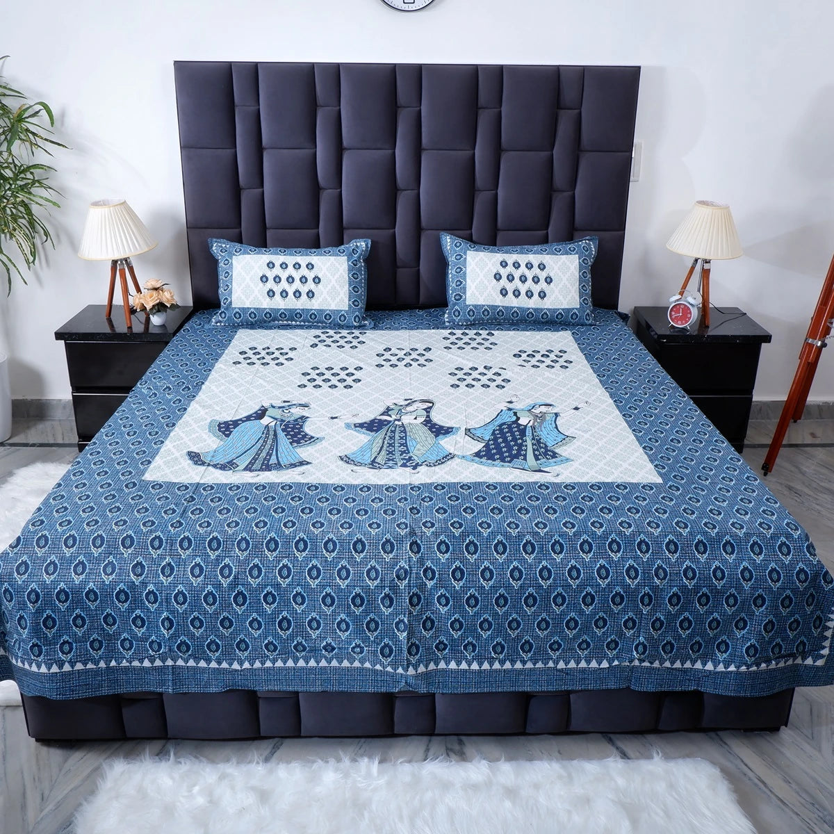 Jaipuri cotton bed sheet in blue with intricate patterns, perfect for stylish bedroom decor