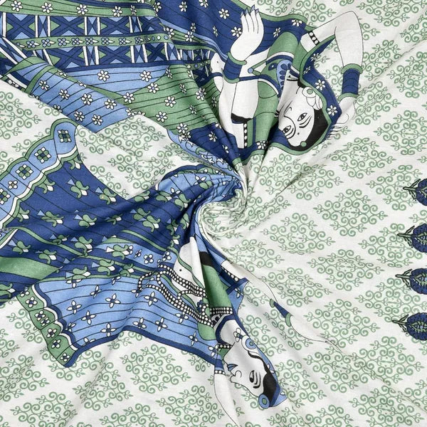 Jaipuri cotton bed sheet featuring intricate traditional print in blue and green hues