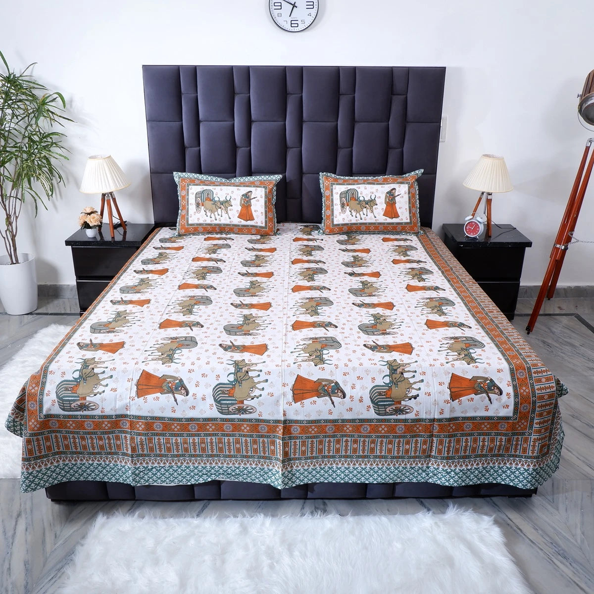 Jaipuri cotton bed sheet featuring a vibrant elephant print with matching pillow covers