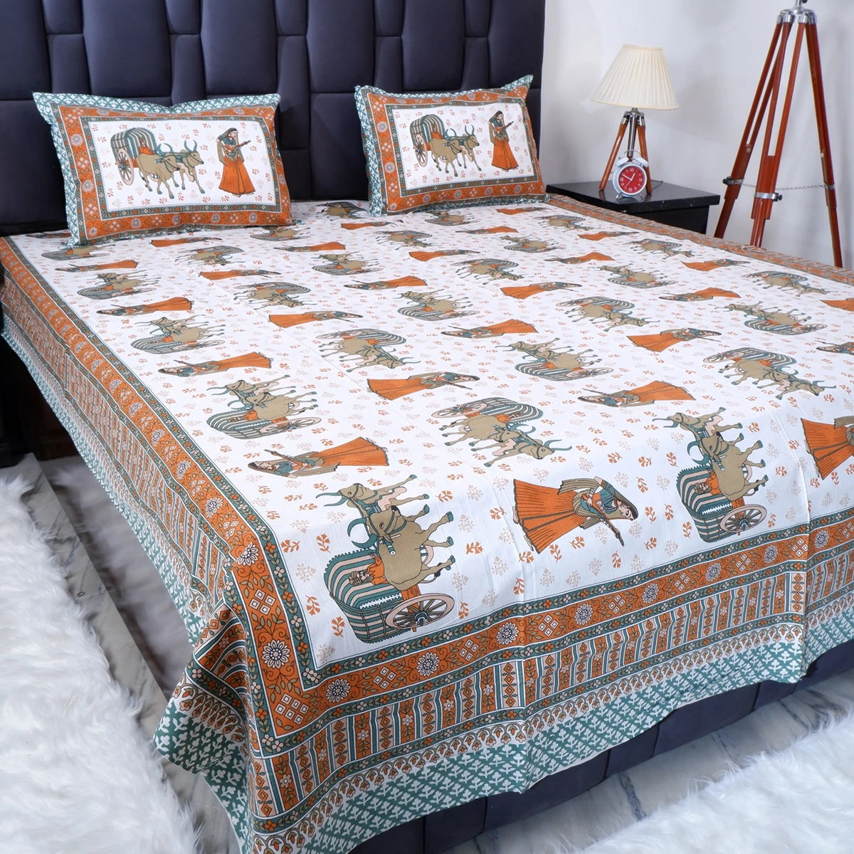 Jaipuri cotton bed sheet featuring colorful traditional designs with matching pillows