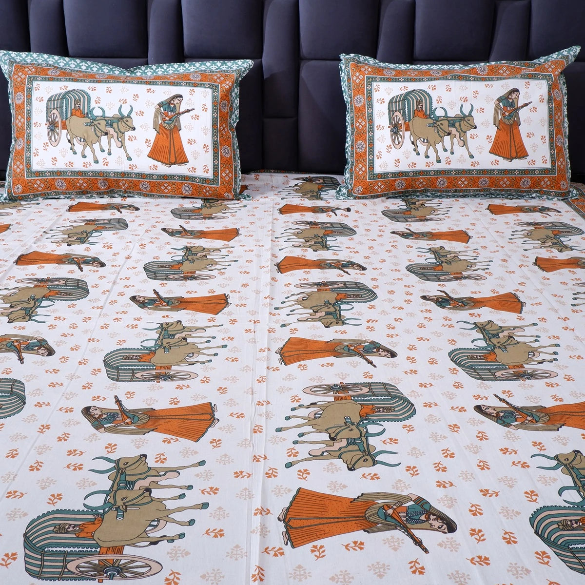 Jaipuri cotton bed sheet featuring vibrant designs with traditional motifs and matching pillow covers