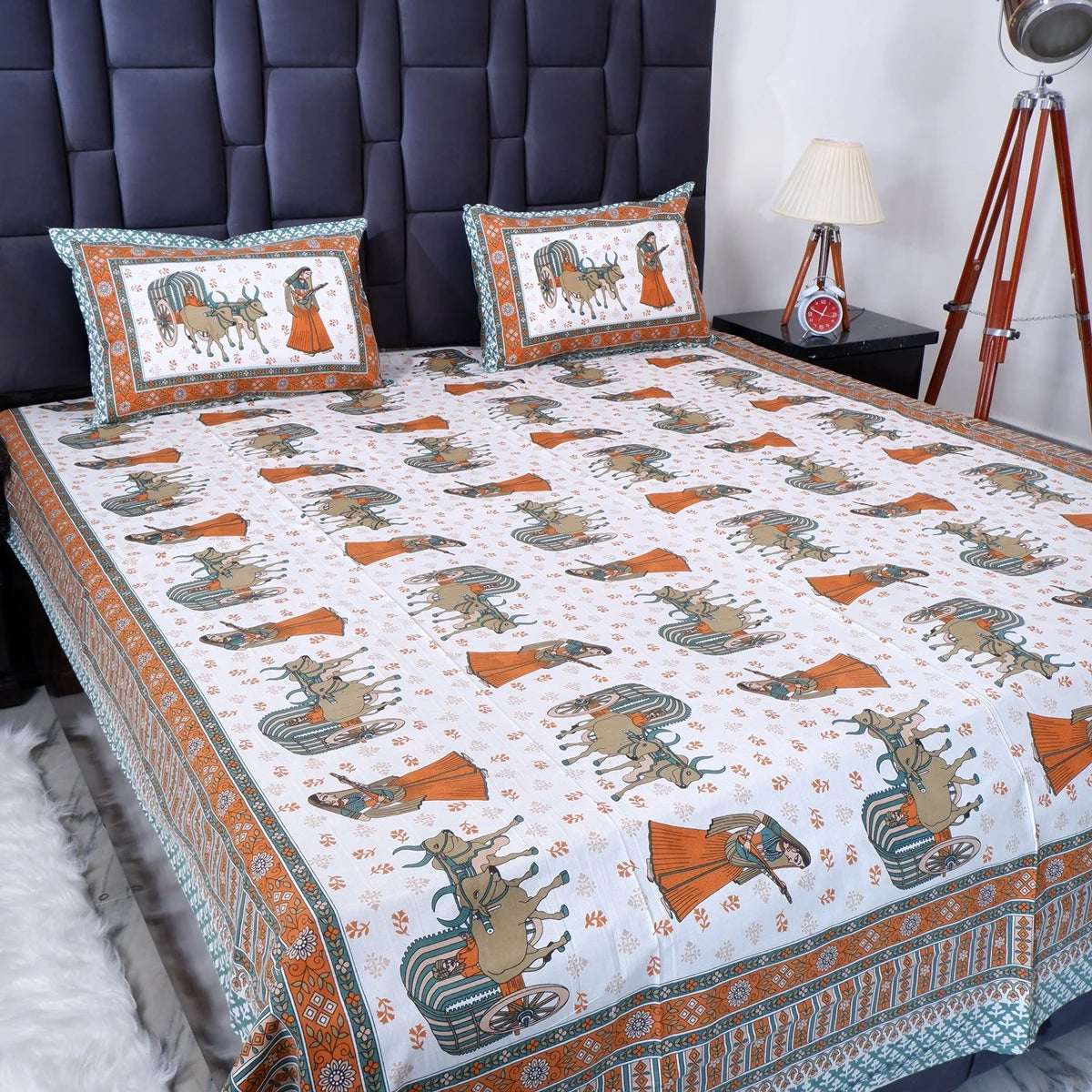 Jaipuri cotton bed sheet with traditional print and matching pillow covers for a stylish bedroom décor
