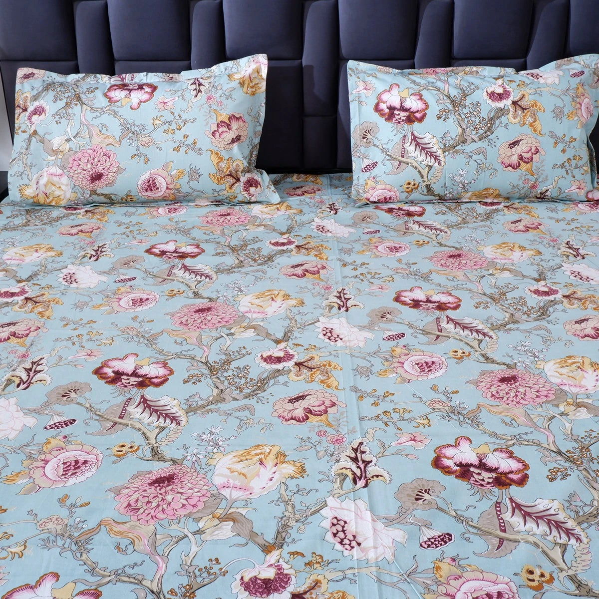 Jaipuri cotton bedsheet online with floral print and matching pillow covers for a stylish bedroom