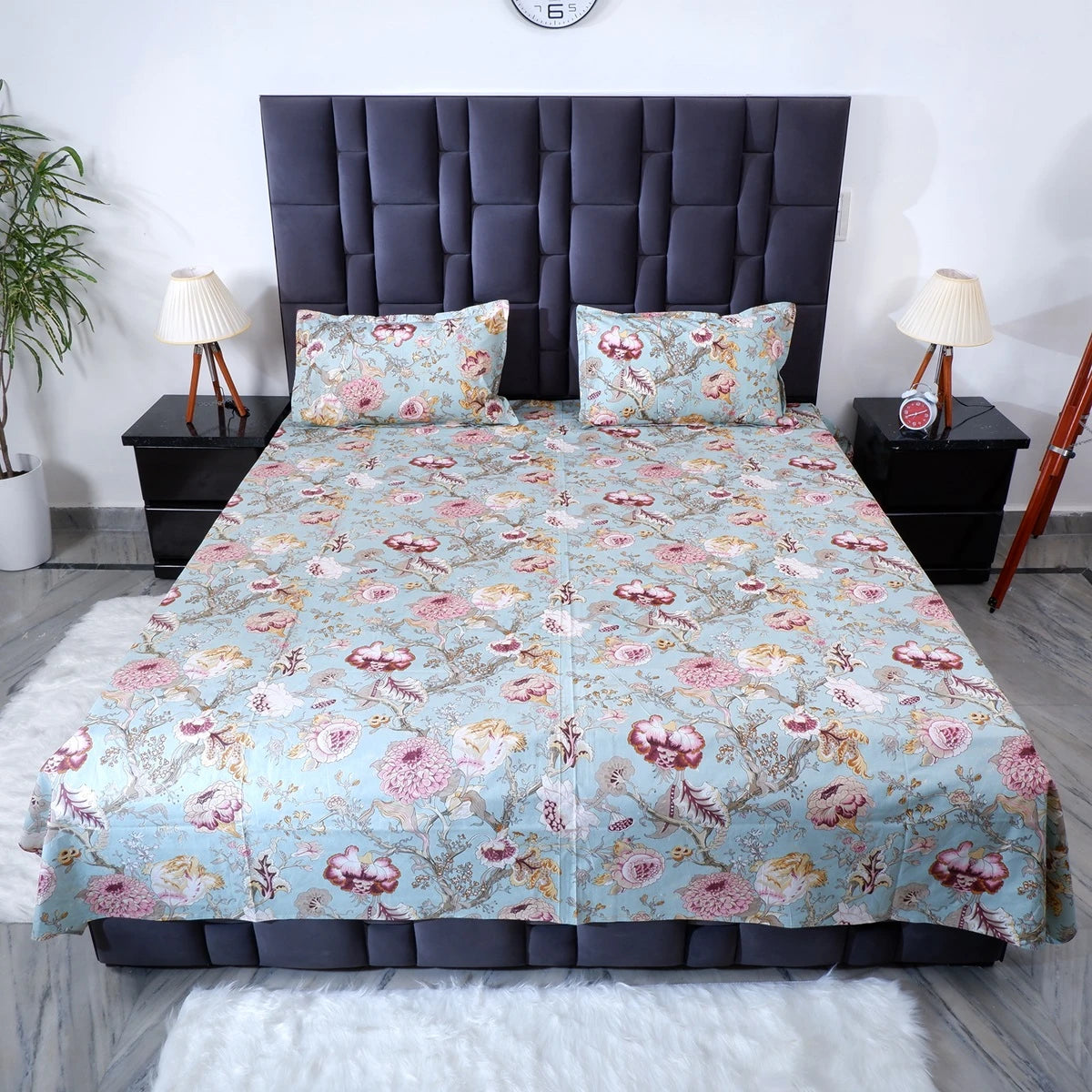 Jaipuri cotton bedsheet online in floral design with matching pillow covers for stylish bedroom decor