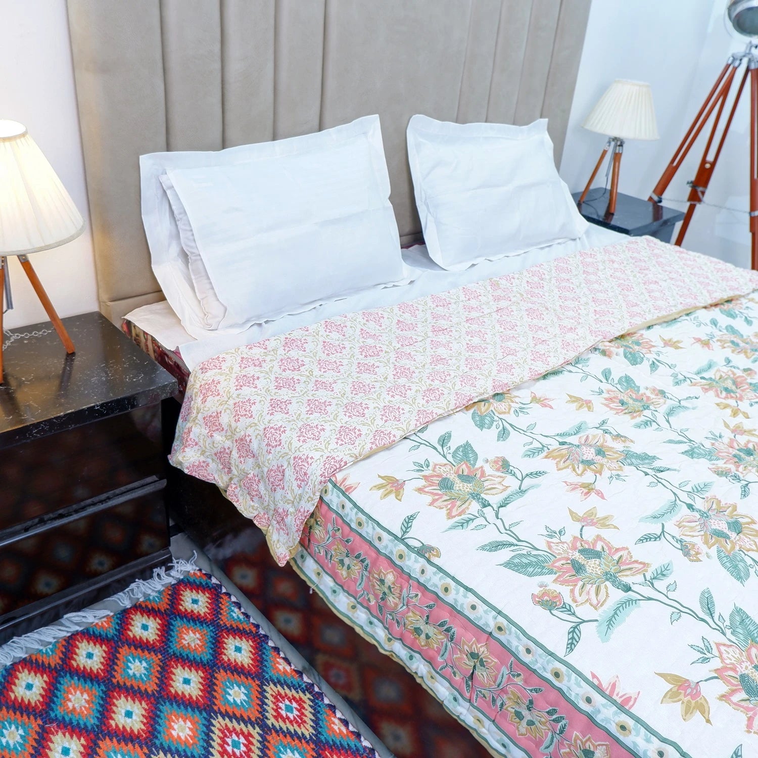 Jaipuri cotton quilt double bed with floral print for cozy bedroom decor