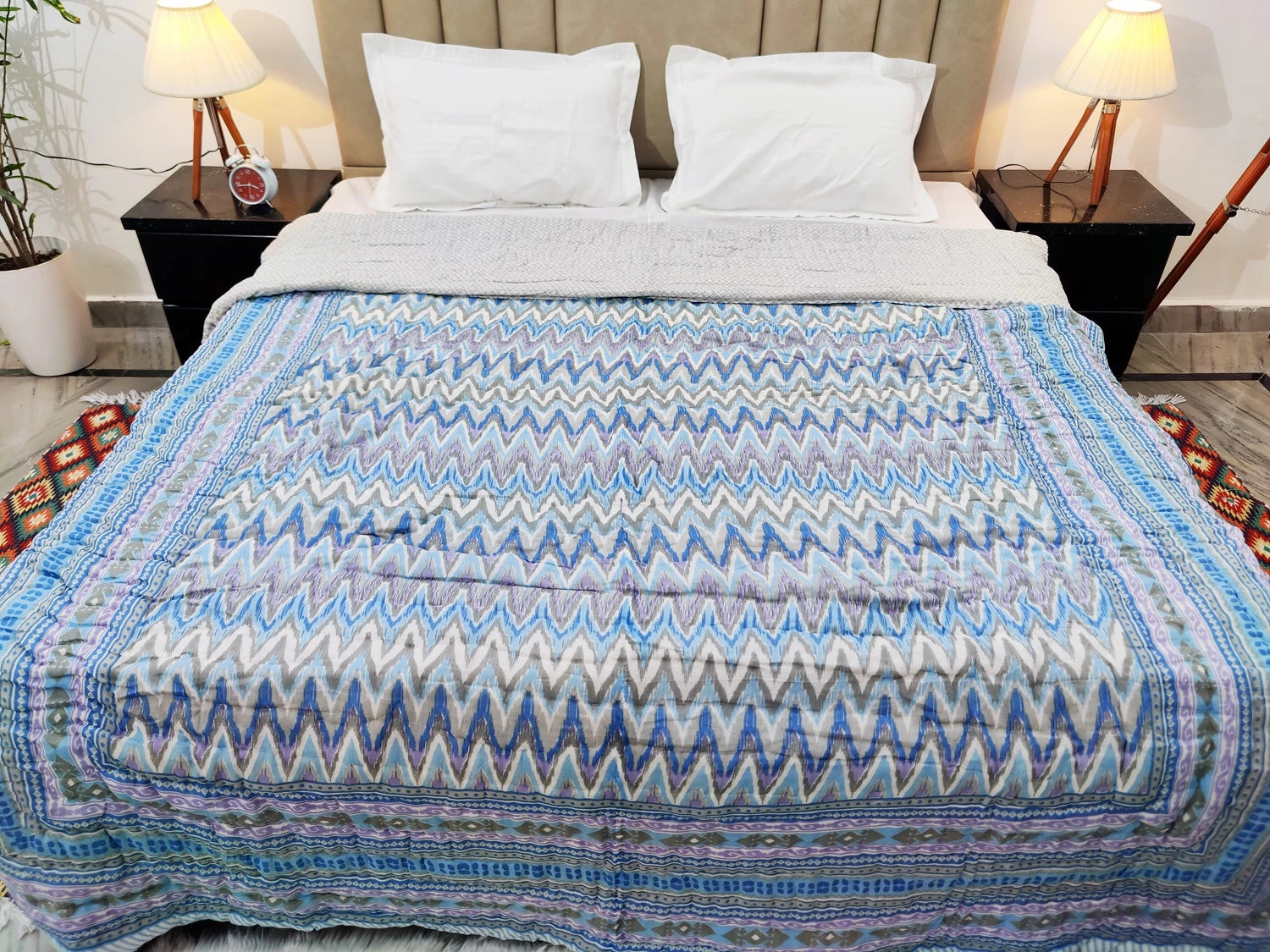 Jaipuri cotton quilt double bed with vibrant zigzag patterns and soft texture for cozy comfort