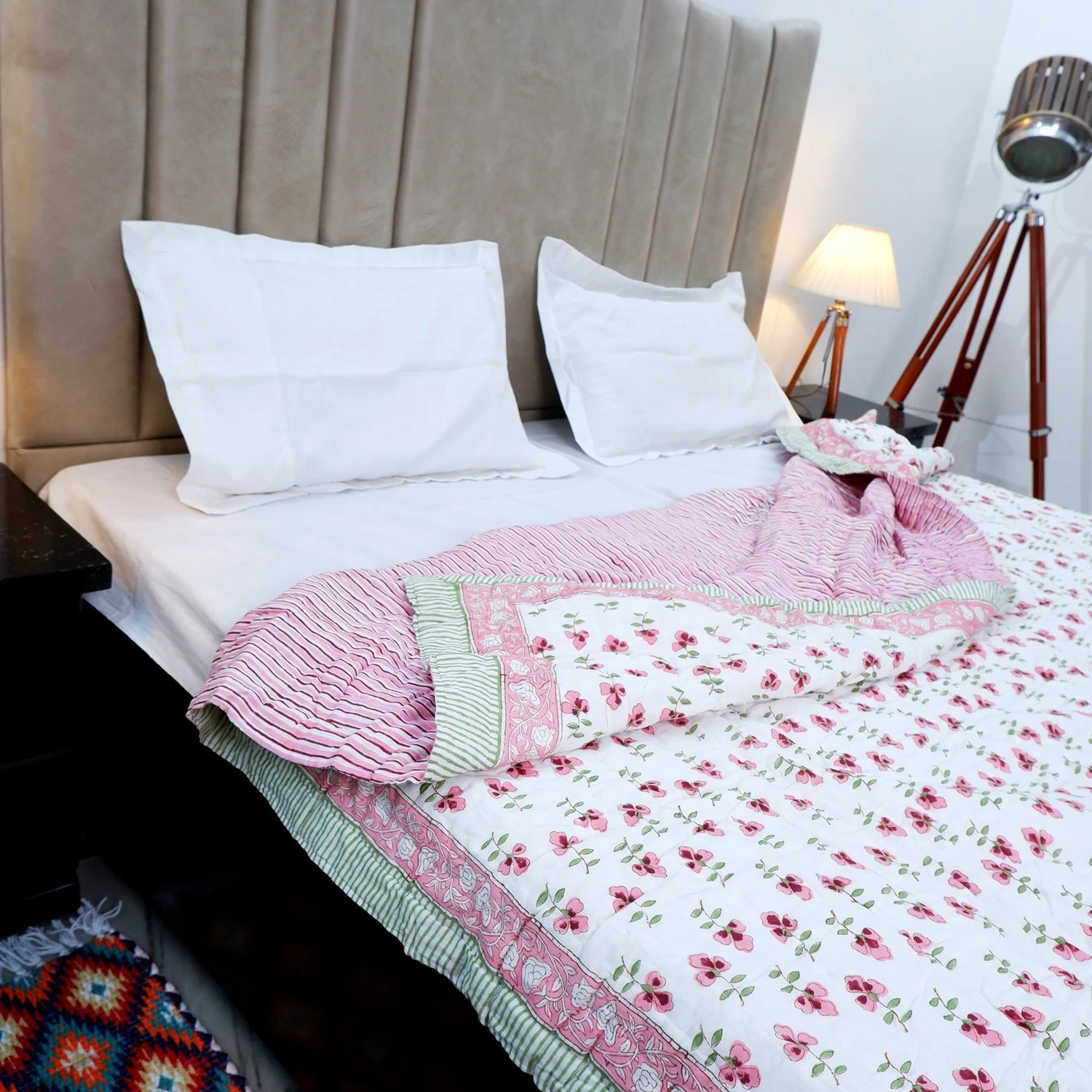 Jaipuri cotton quilt double bed featuring floral patterns and soft fabric, ideal for cozy bedrooms