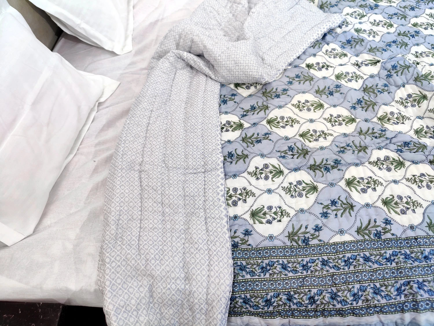 Jaipuri cotton quilt double bed featuring intricate floral patterns and soft cotton fabric