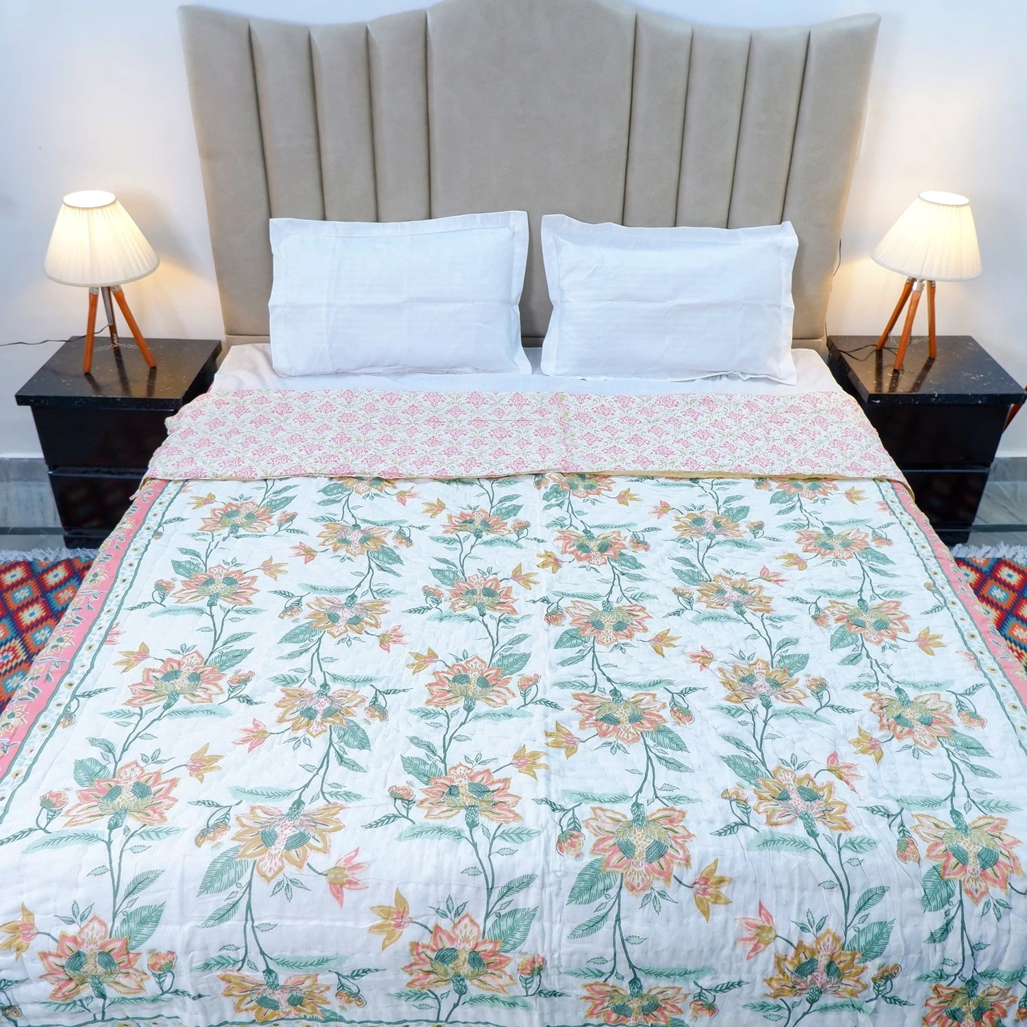 Jaipuri cotton quilt double bed featuring vibrant floral patterns for comfortable bedding