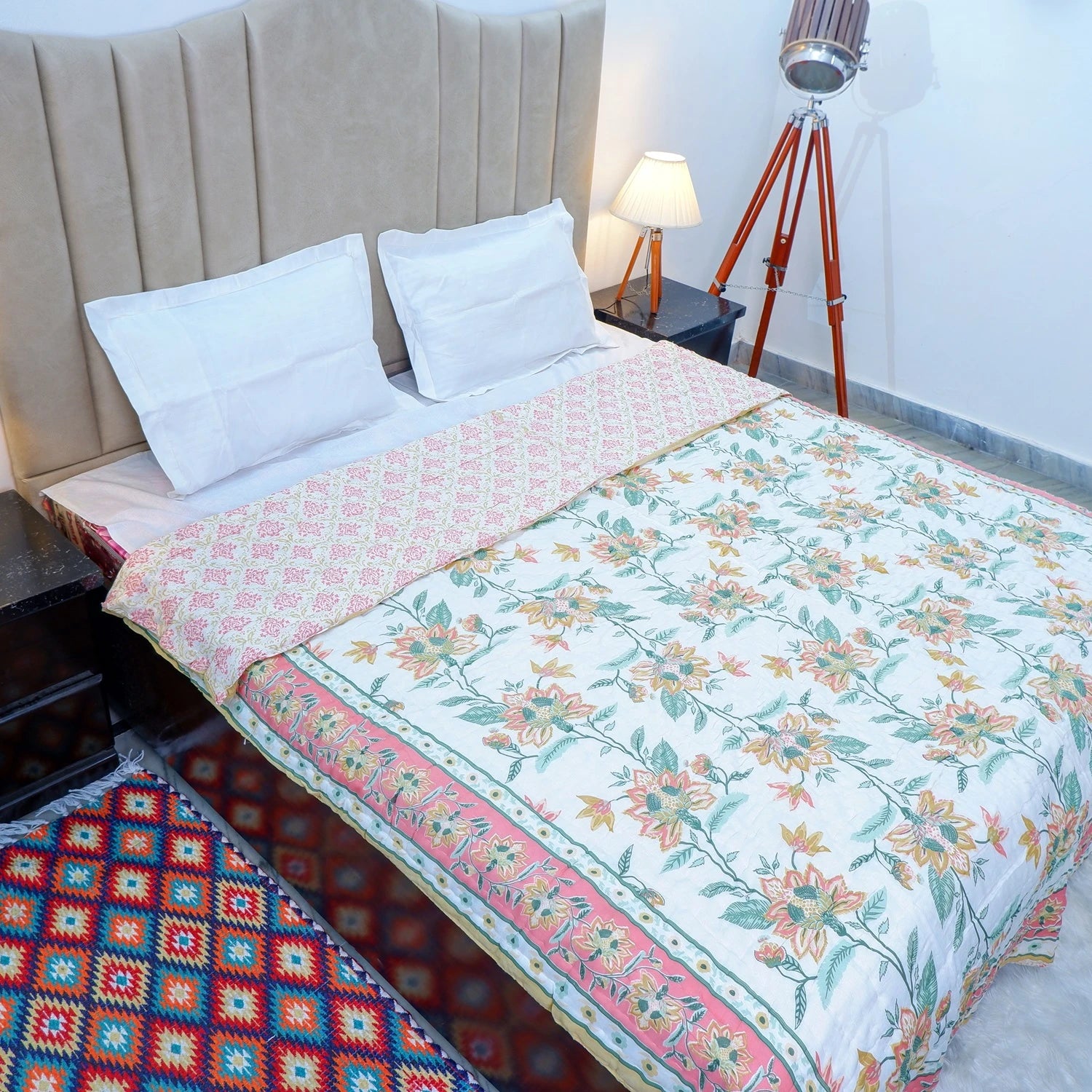 Jaipuri cotton quilt double bed with floral design, perfect for home decor and comfort.