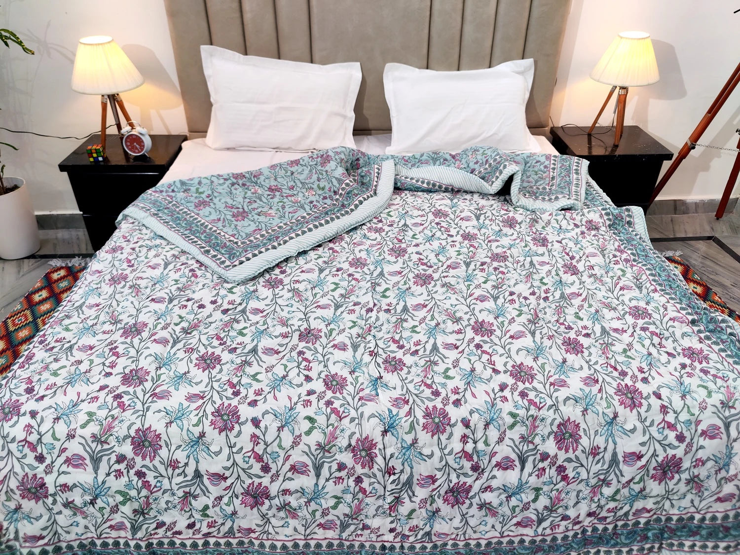 Jaipuri cotton quilt double bed in floral patterns, perfect for enhancing bedroom decor