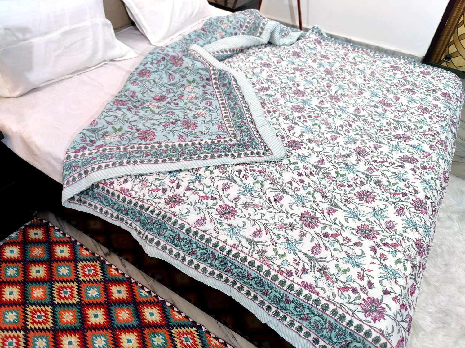 Jaipuri cotton quilt double bed with intricate floral patterns, perfect for warm comfort