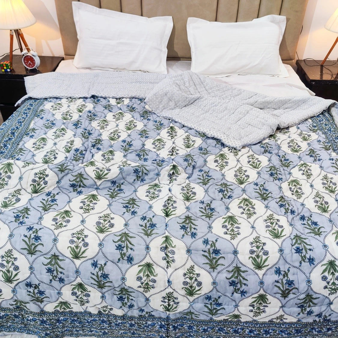 Jaipuri cotton quilt double bed with floral design for a cozy bedroom aesthetic
