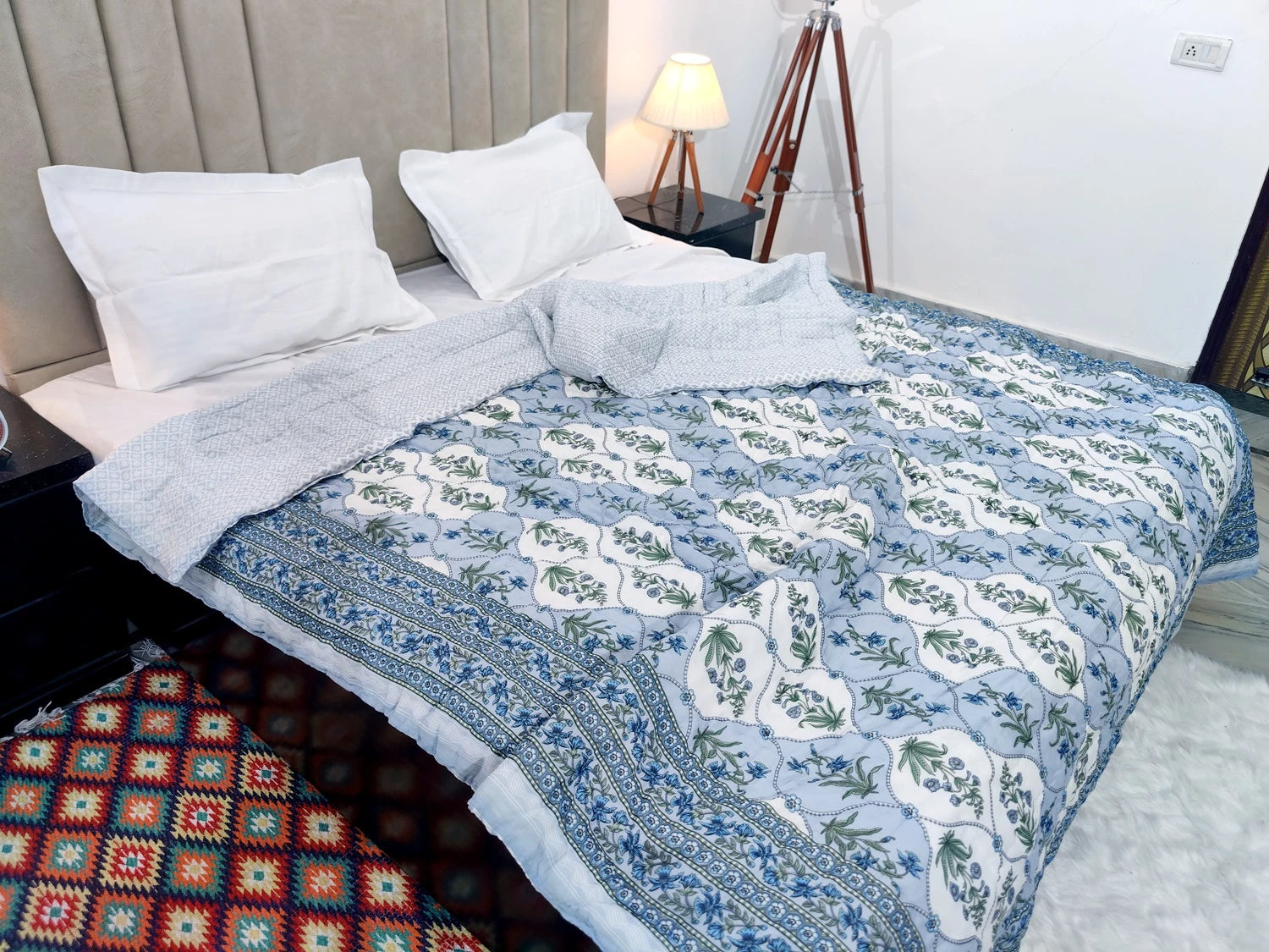 Jaipuri cotton quilt double bed featuring floral patterns and soft textures for cozy comfort