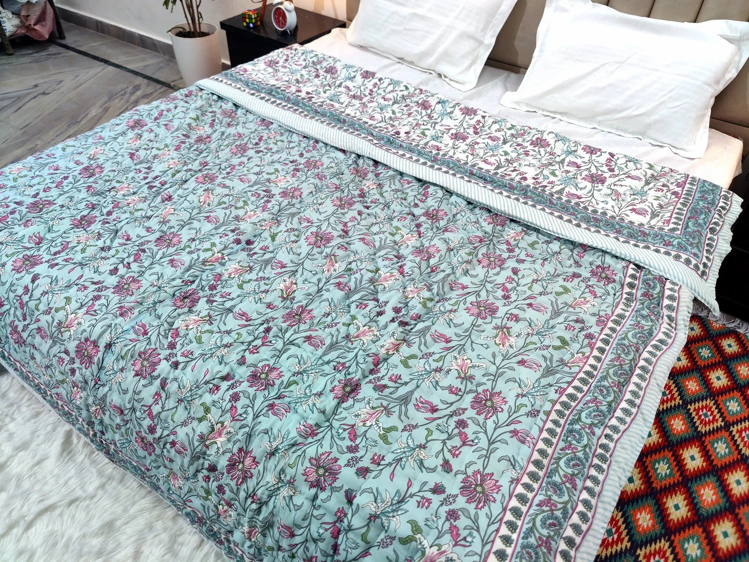 Jaipuri cotton quilt double bed in beautiful floral design for cozy and stylish bedding