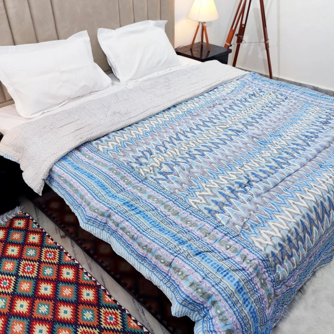 Jaipuri cotton quilt double bed in blue tones, perfect for adding comfort and style to any bedroom decor