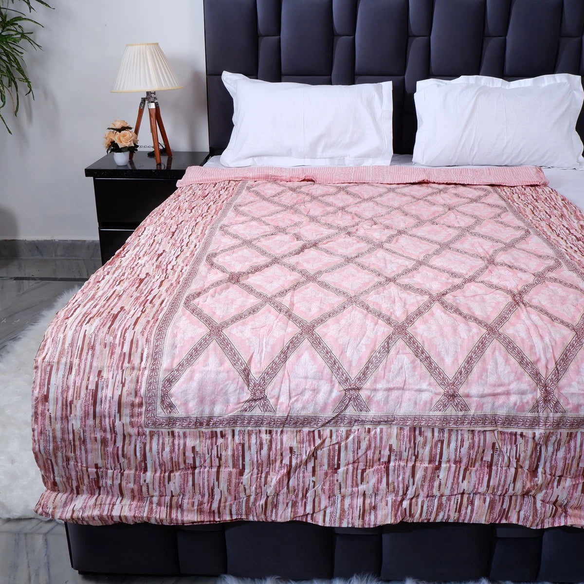 Jaipuri cotton quilt single bed in pink with detailed quilting design for cozy comfort