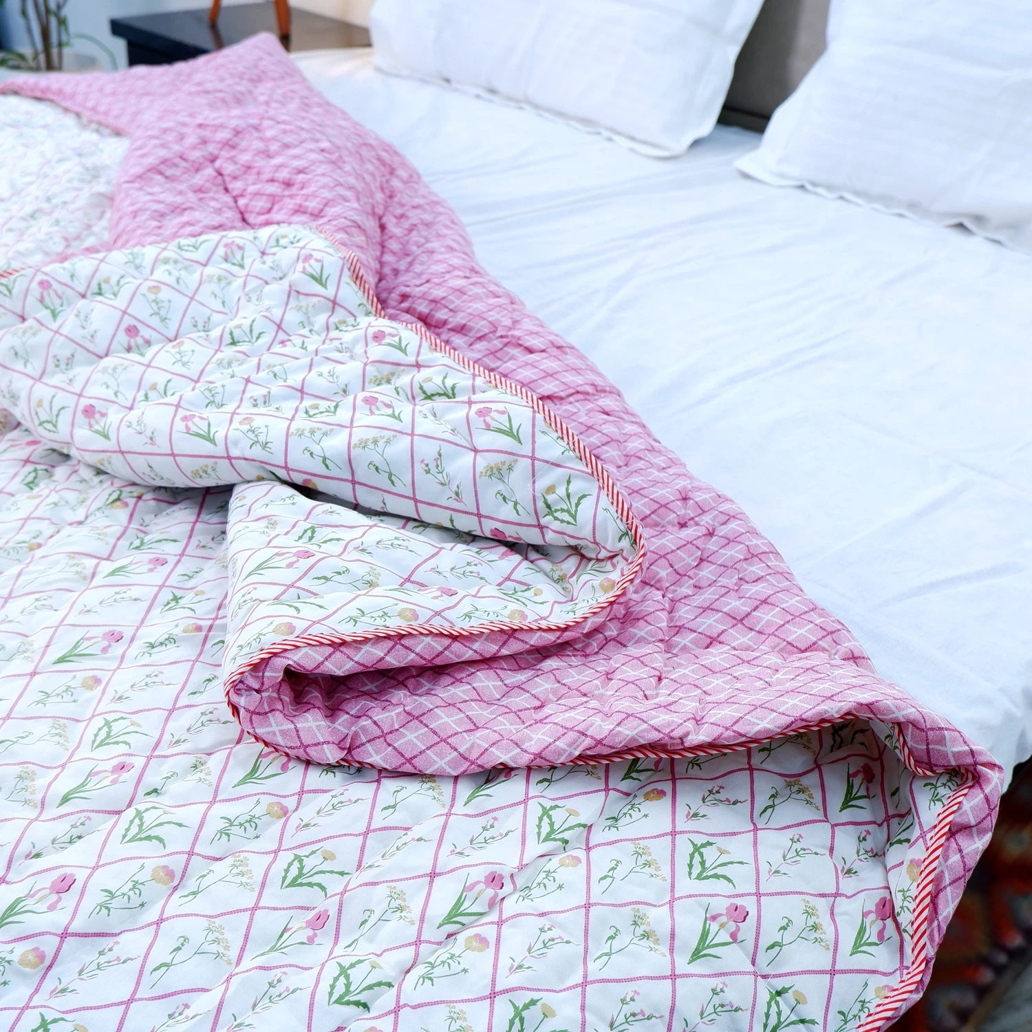 Jaipuri cotton quilts double bed in pink and white floral pattern, perfect for adding comfort and style