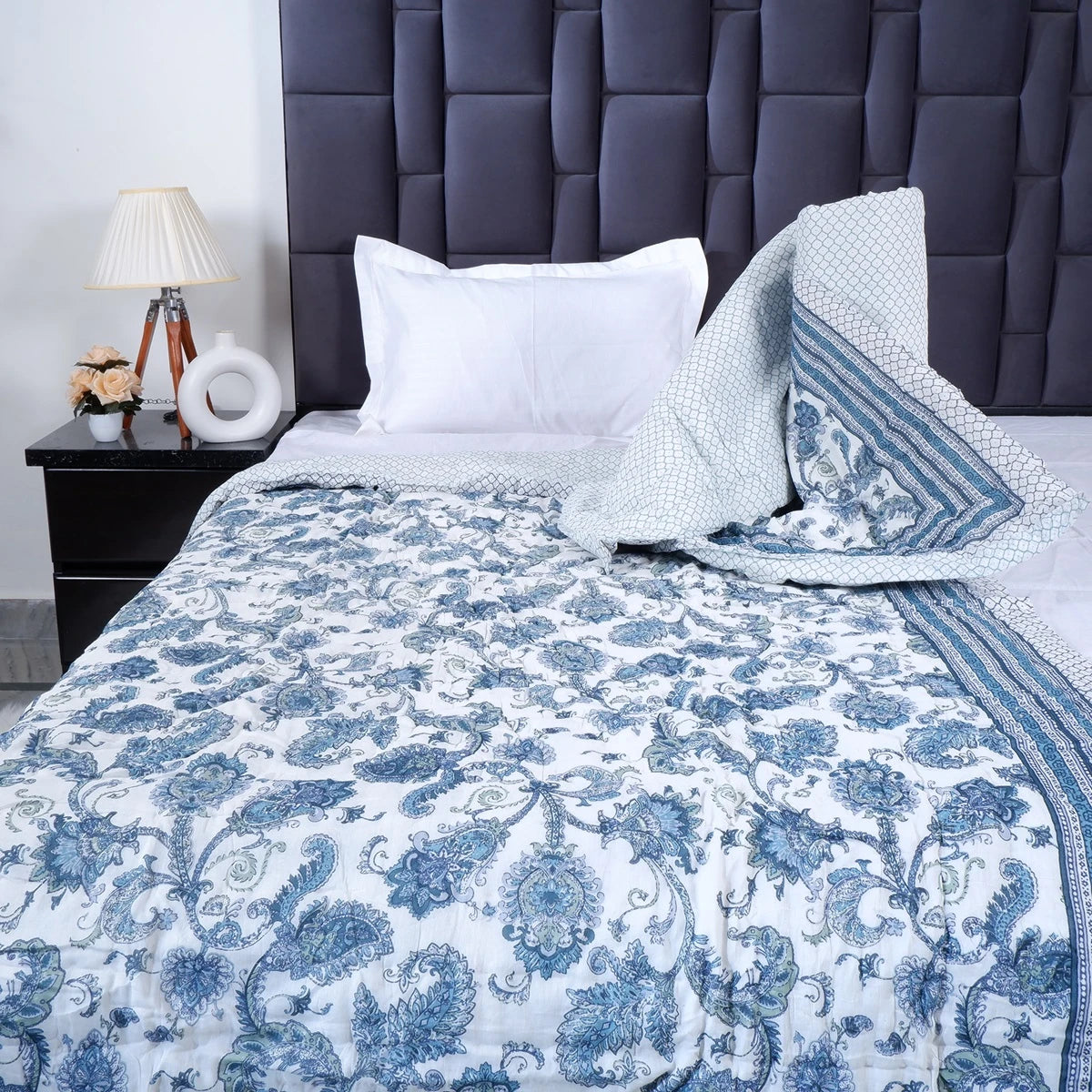 Jaipuri cotton quilts single bed with intricate blue floral patterns on a white background