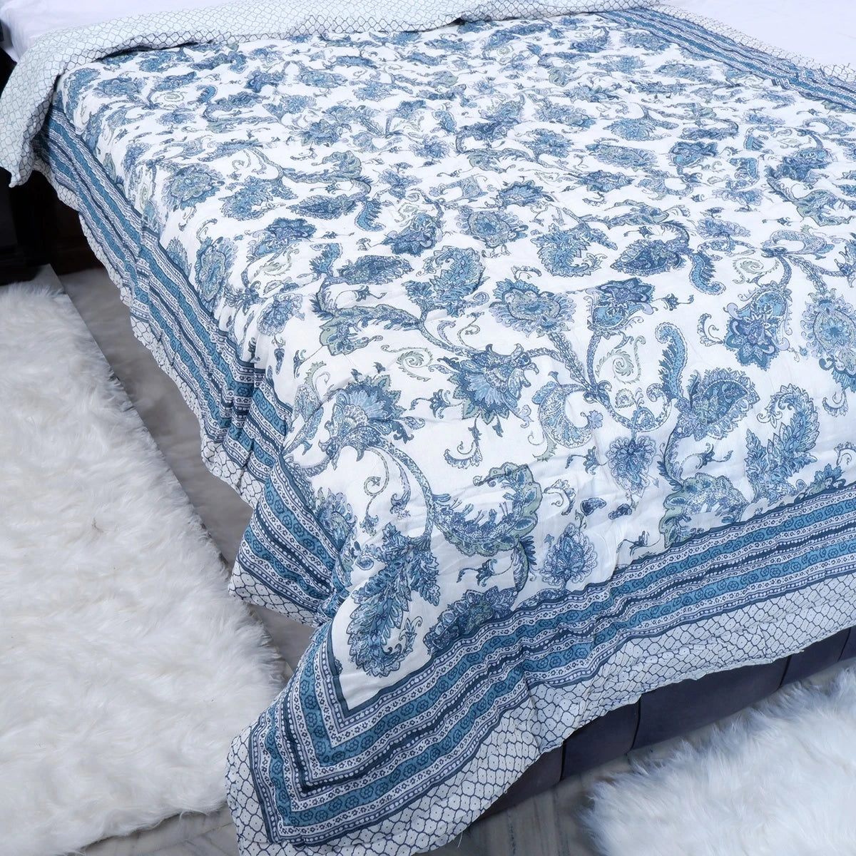 Jaipuri cotton quilts single bed in blue and white floral pattern for stylish bedroom decor