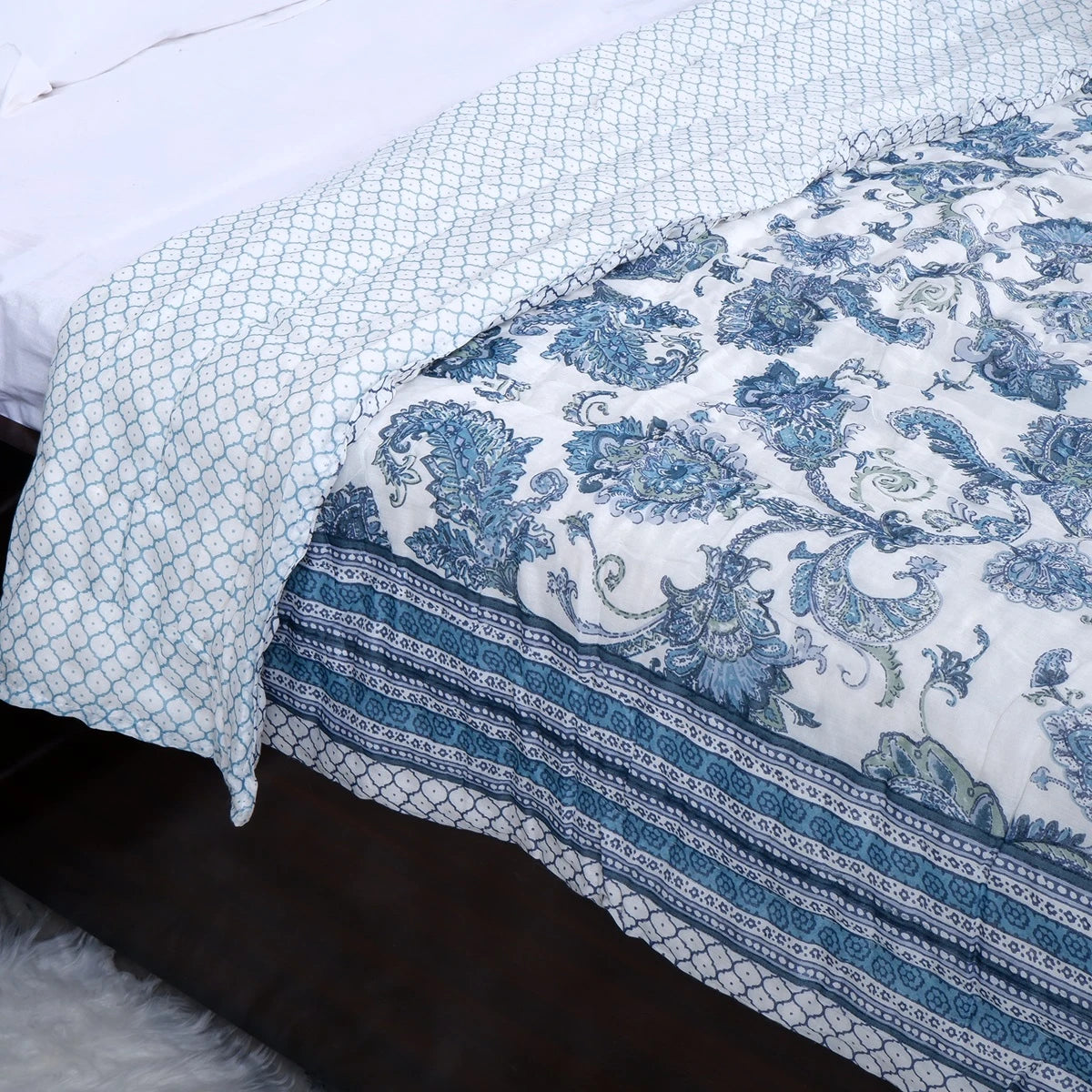 Jaipuri cotton quilts single bed featuring intricate blue patterns and soft cotton fabric for comfort