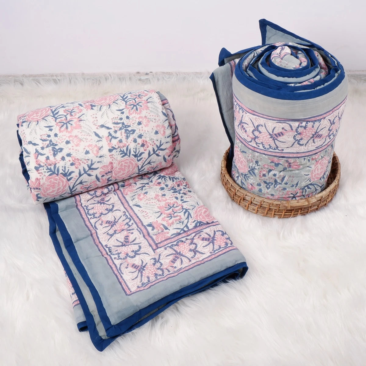 Jaipuri cotton quilts single bed in floral design, perfect for cozy bedding and decor