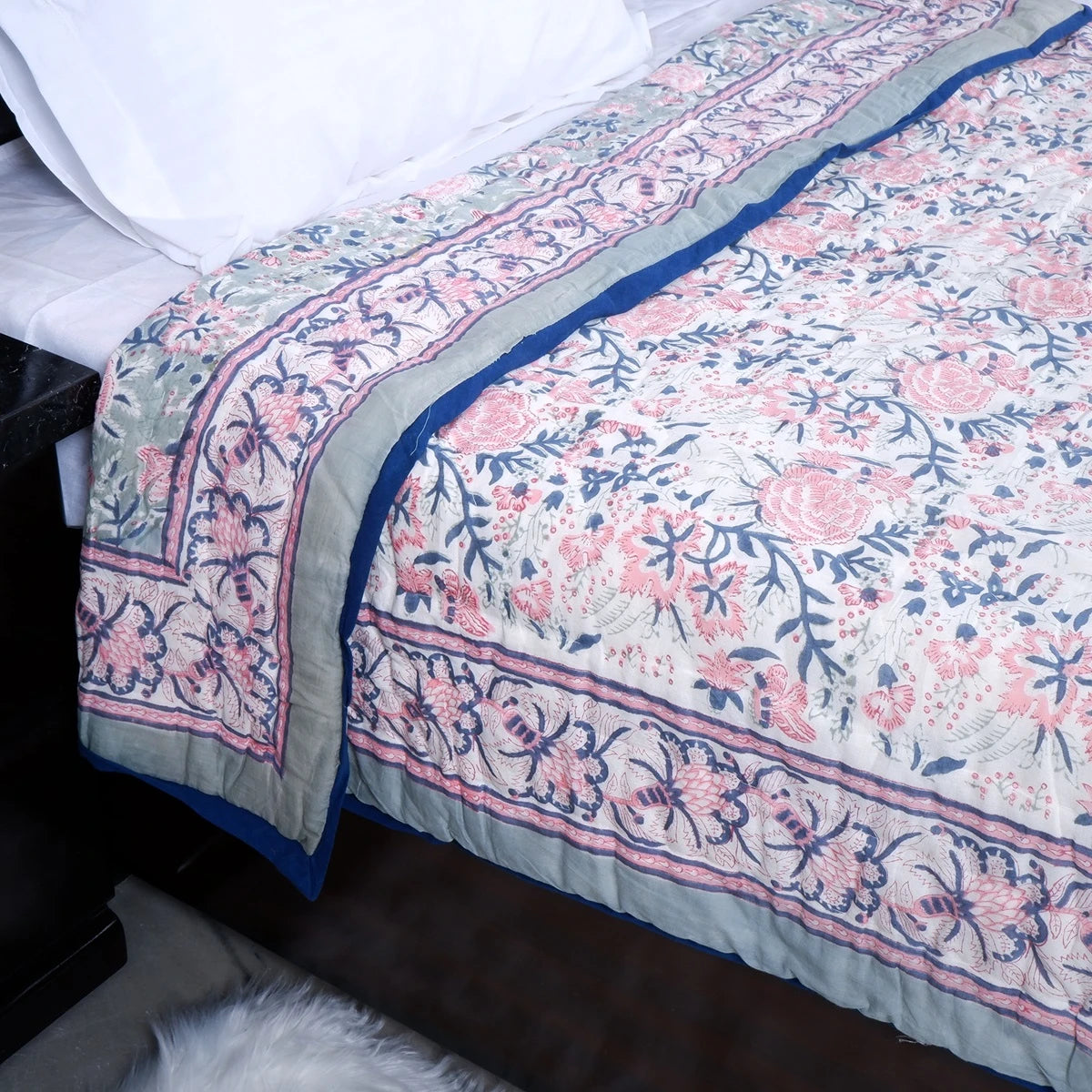 Jaipuri cotton quilts single bed in floral pattern with intricate detailing for cozy bedroom decor
