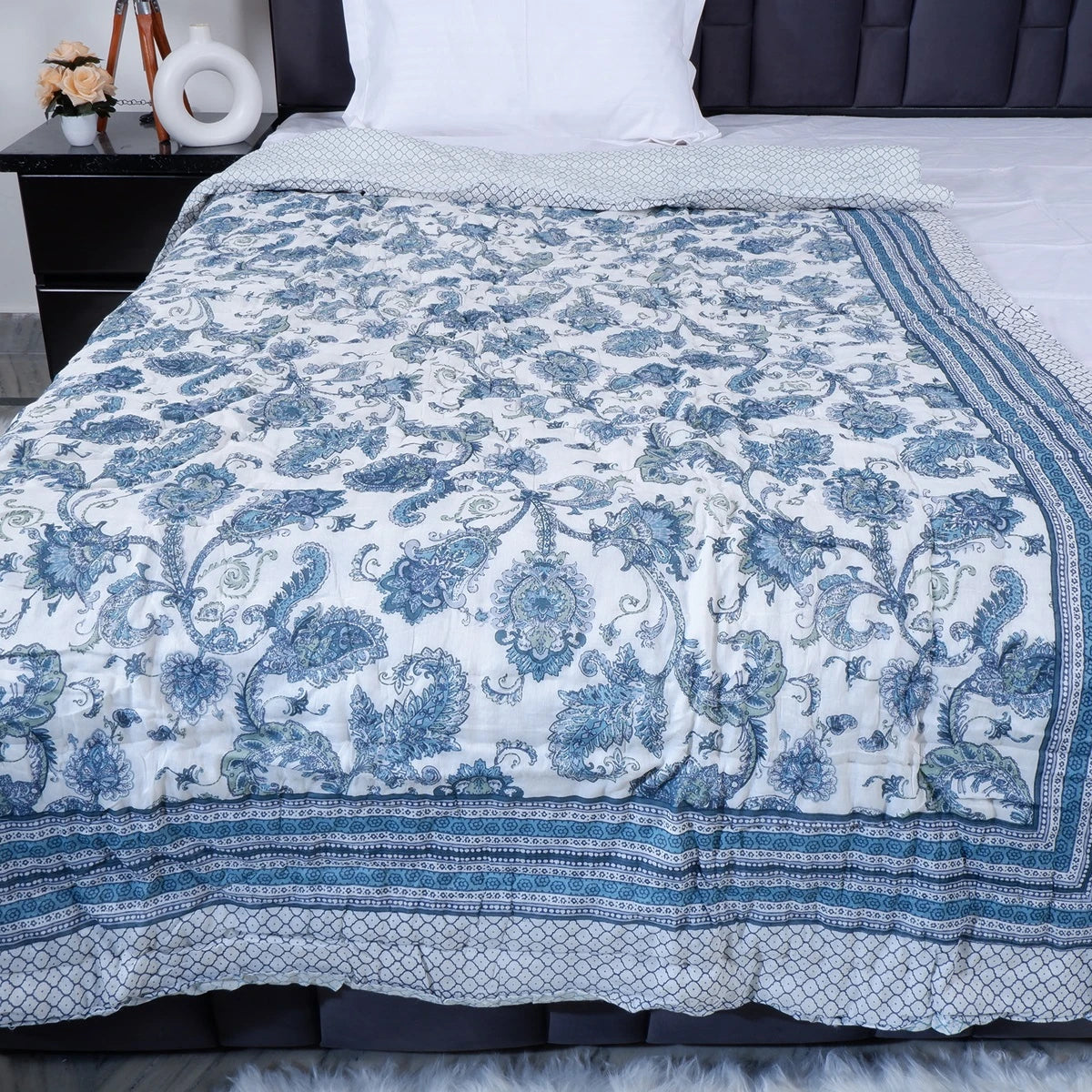 Jaipuri cotton quilts single bed in blue and white floral pattern for stylish bedroom decor
