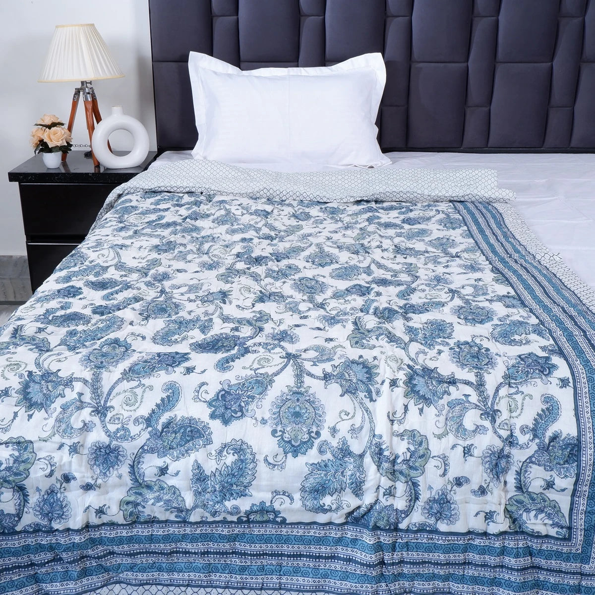 Jaipuri cotton quilts single bed featuring intricate floral patterns in blue and white