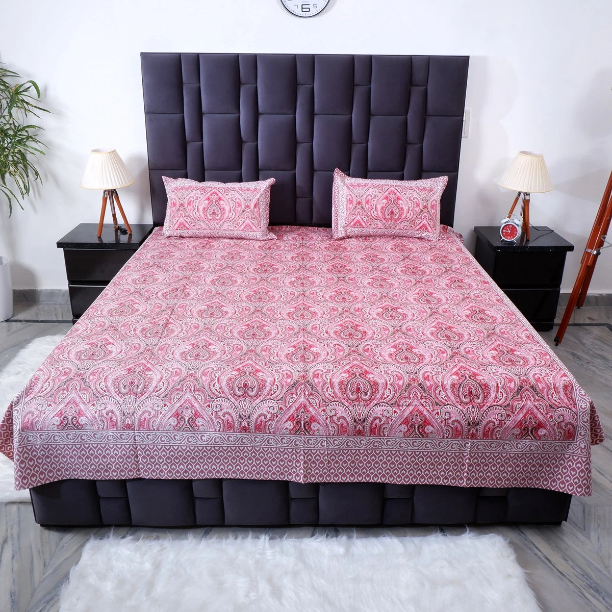 Jaipuri pure cotton bed sheet in intricate pink and white floral design for elegant bedroom decor