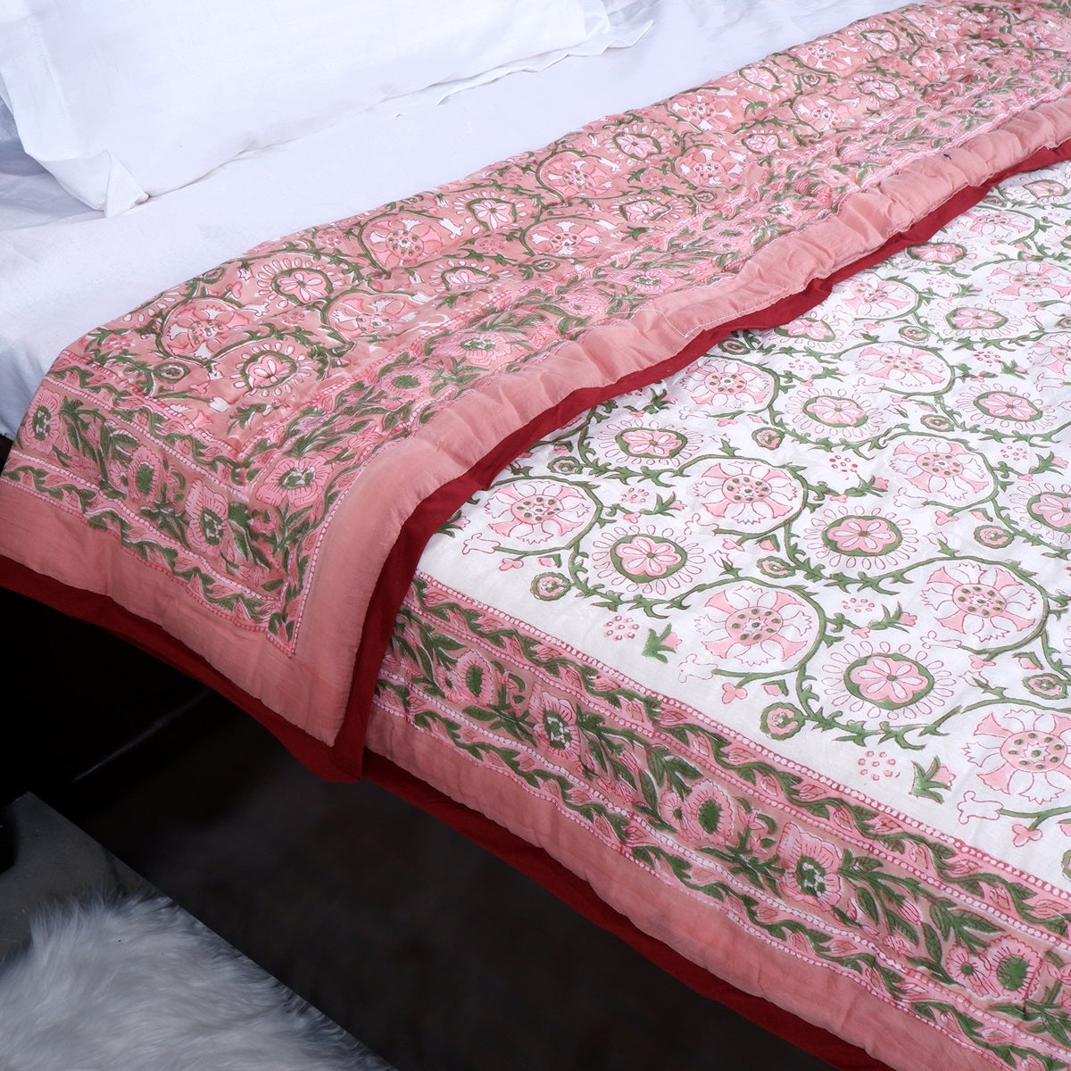 Jaipuri pure cotton quilt single bed with floral patterns and intricate border design