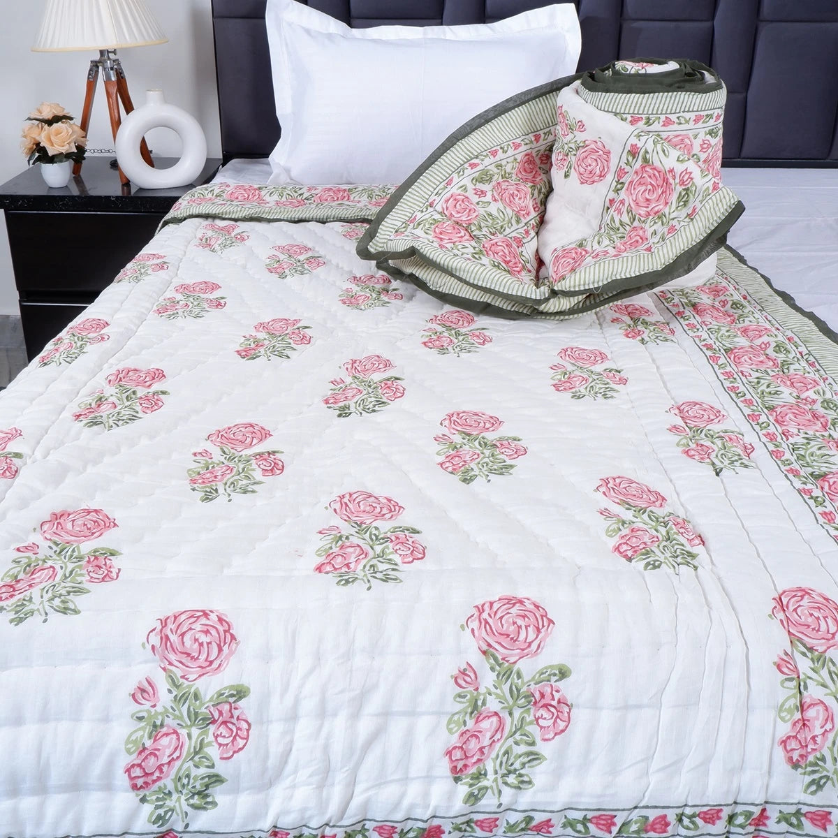 Jaipuri quilt single bed in white with floral print, perfect for cozy bedroom decor