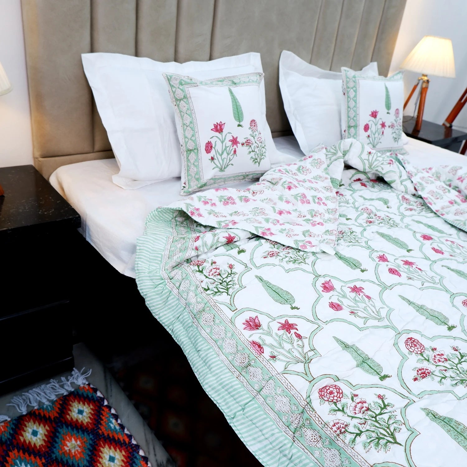 Jaipuri quilts double bed with floral patterns, enhancing bedroom decor and comfort
