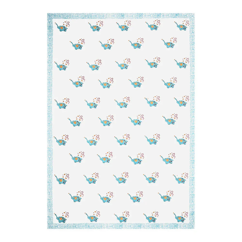 Blue Elephant Printed Kids Cotton Dohar - Single Bed Size (40x60 Inches)