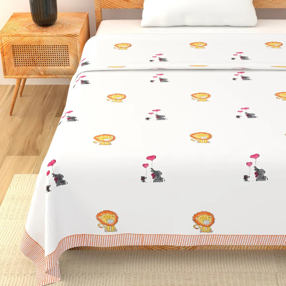 Lion & Elephant Printed Kids Cotton Dohar - Single Bed Size (40x60 Inches)