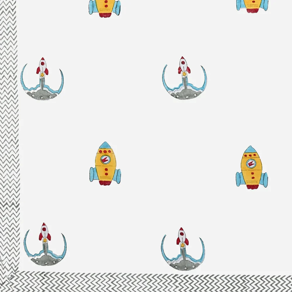 Rocket & Space Printed Kids Cotton Dohar - Single Bed Size (40x60 Inches)