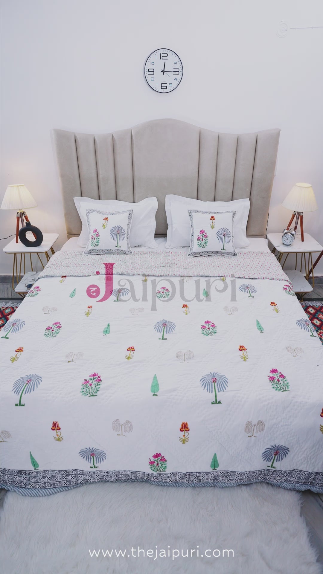 Jaipuri Block Print Quilts with Cushion Cover | 100% Pure Cotton | Block Print | Double Bed - Amrita