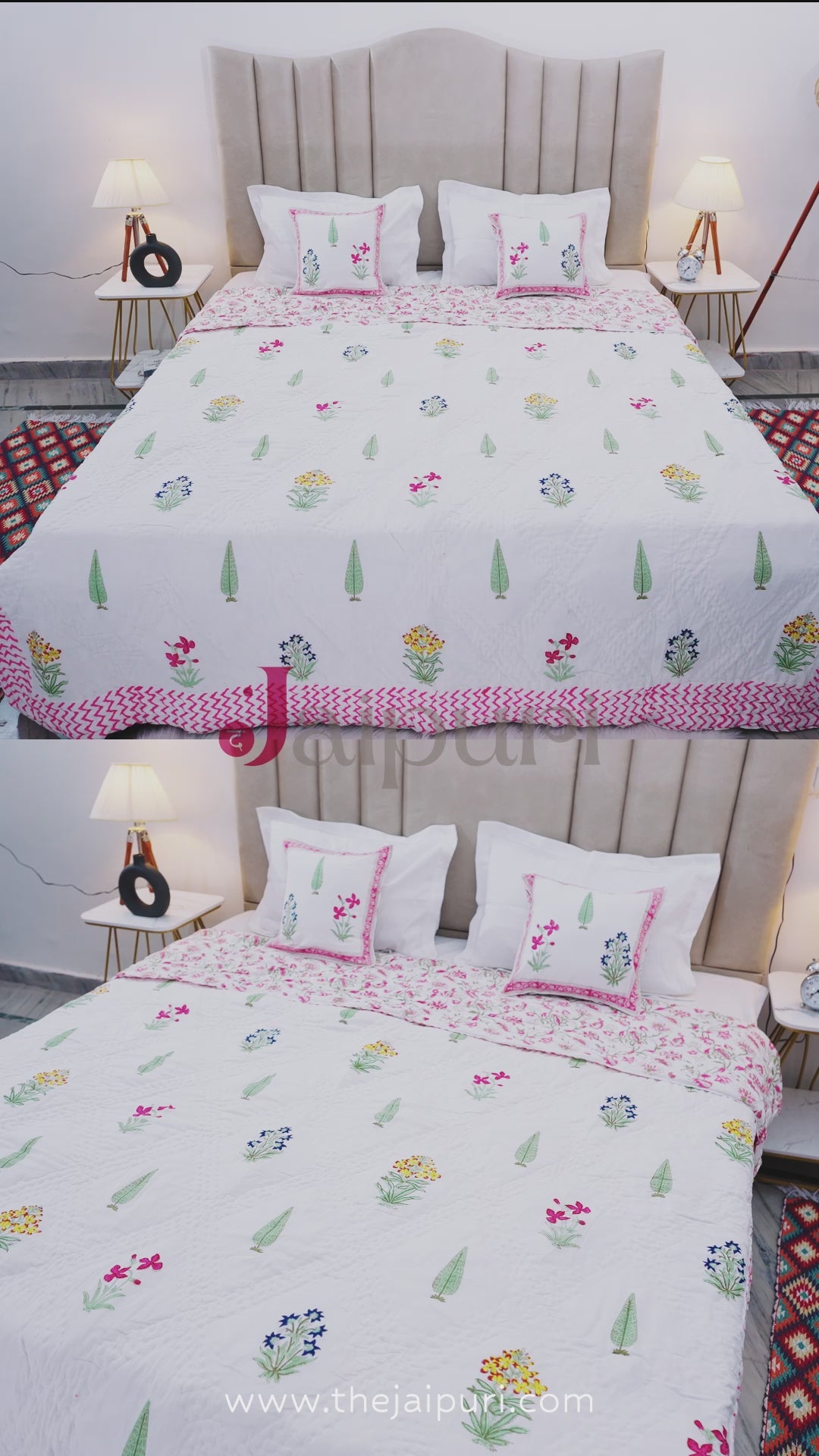 Jaipuri Block Print Quilts with Cushion Cover | 100% Pure Cotton | Block Print | Double Bed - Kriti